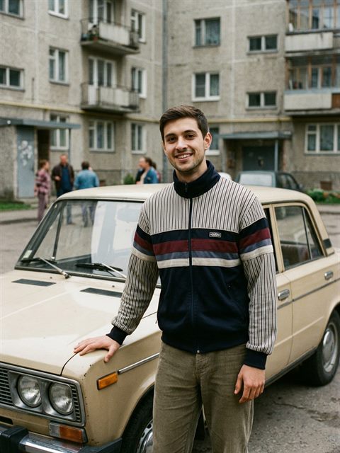 ИИ-фотосессия «Советское ретро»: стоит у старых «Жигулей» во дворе пятиэтажки