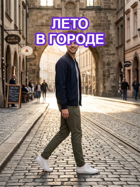 Надпись «Лето в городе» шрифтом Unbounded с фиолетовой обводкой на фото прогулки по городу
