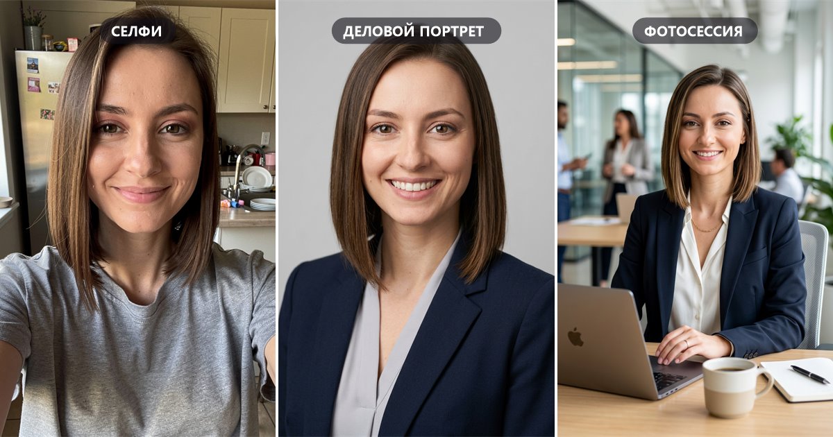 Одна и та же женщина: домашнее селфи на кухне, деловой портрет на сером фоне и кадр за ноутбуком в светлом офисе