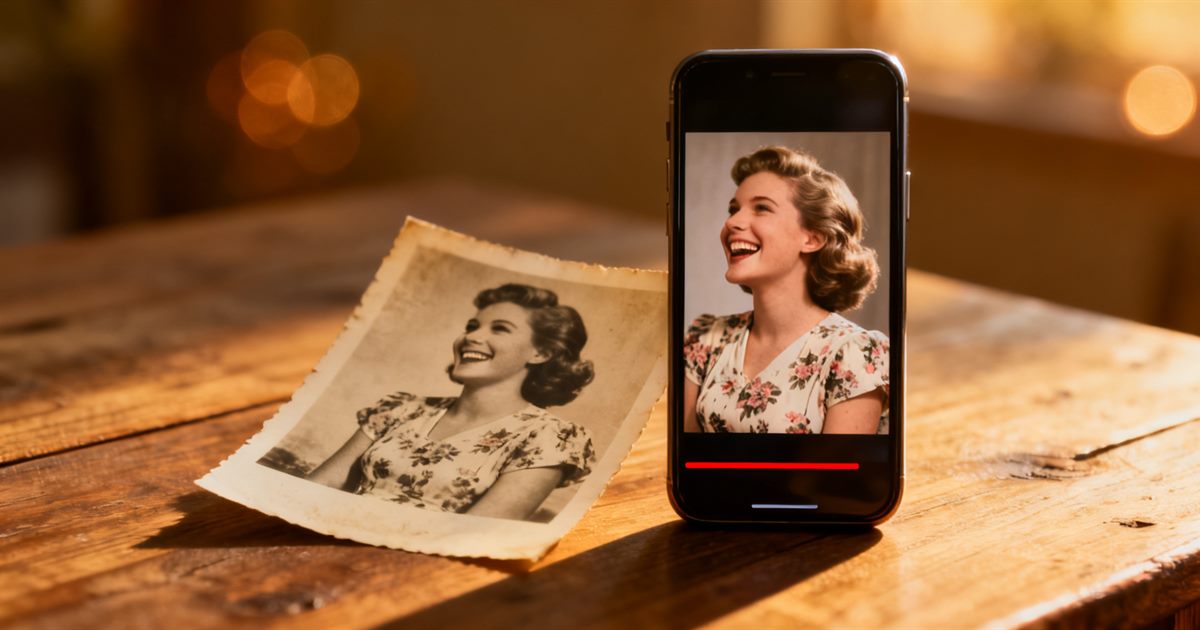 Старая чёрно-белая фотография девушки и смартфон, на котором она оживает в цвете