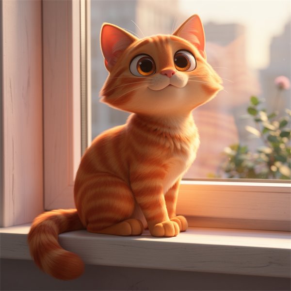 Рыжий кот на подоконнике в стиле 3D-мультфильма